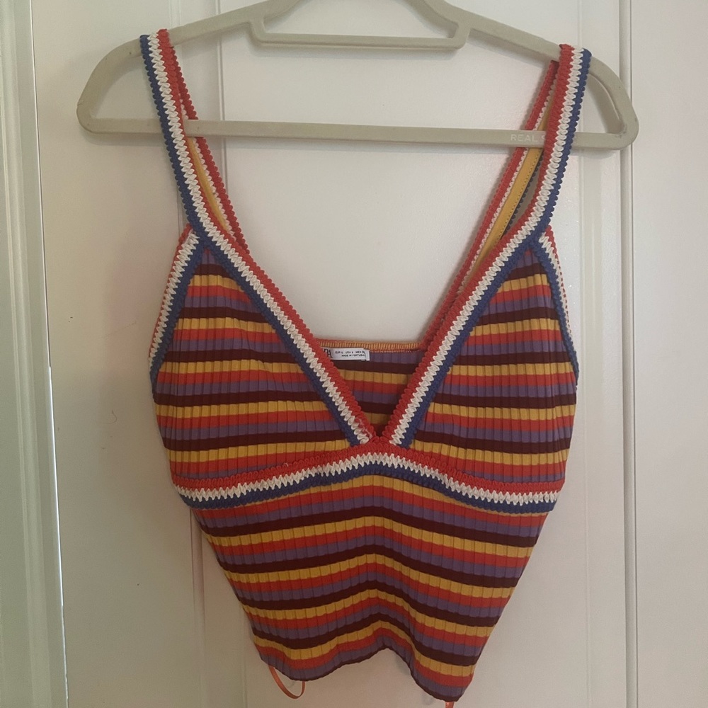 Multicolor rainbow stripe tank top knit v cut cami
